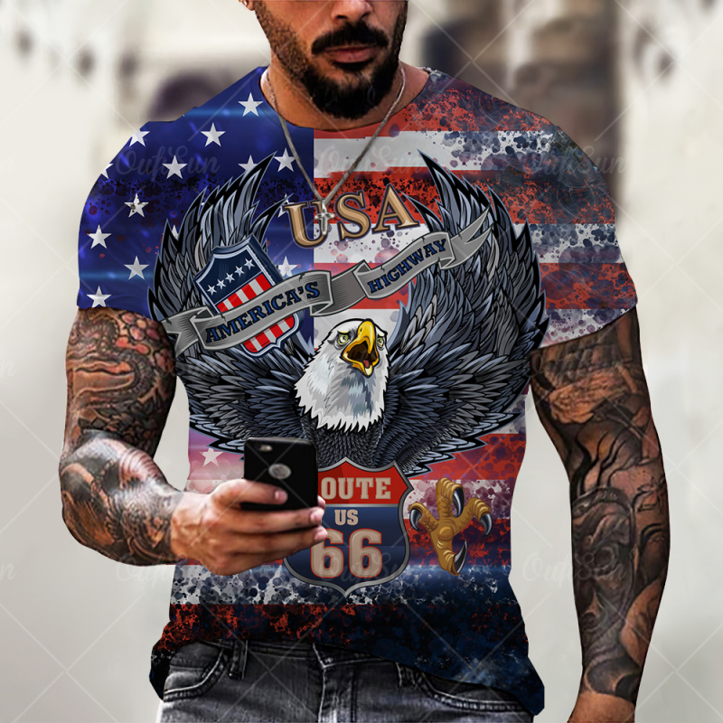 Eagle with American Flag Summer Short Sleeve Men's T-Shirts-VESSFUL
