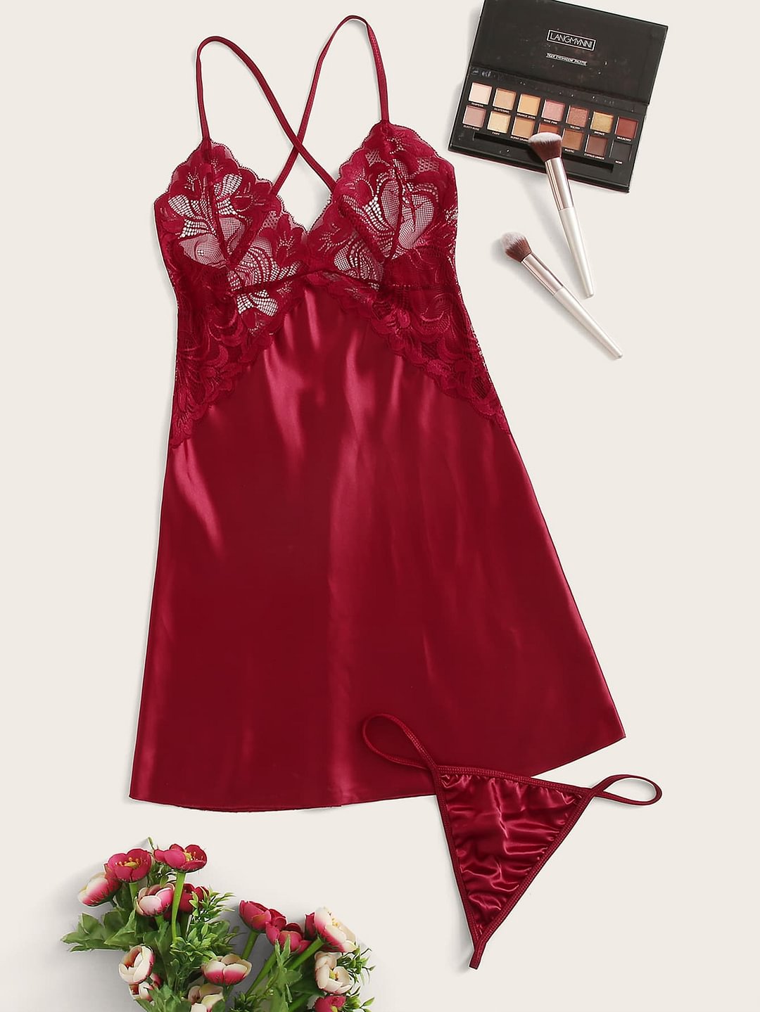 Contrast Lace Satin Dress With Thong Lace Pajamas-Icossi