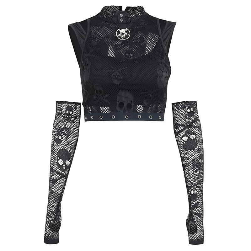 Dark Skull Mesh Sleeve Lace See-through Gothic Vest Two-piece Set / Techwear Club / Techwear