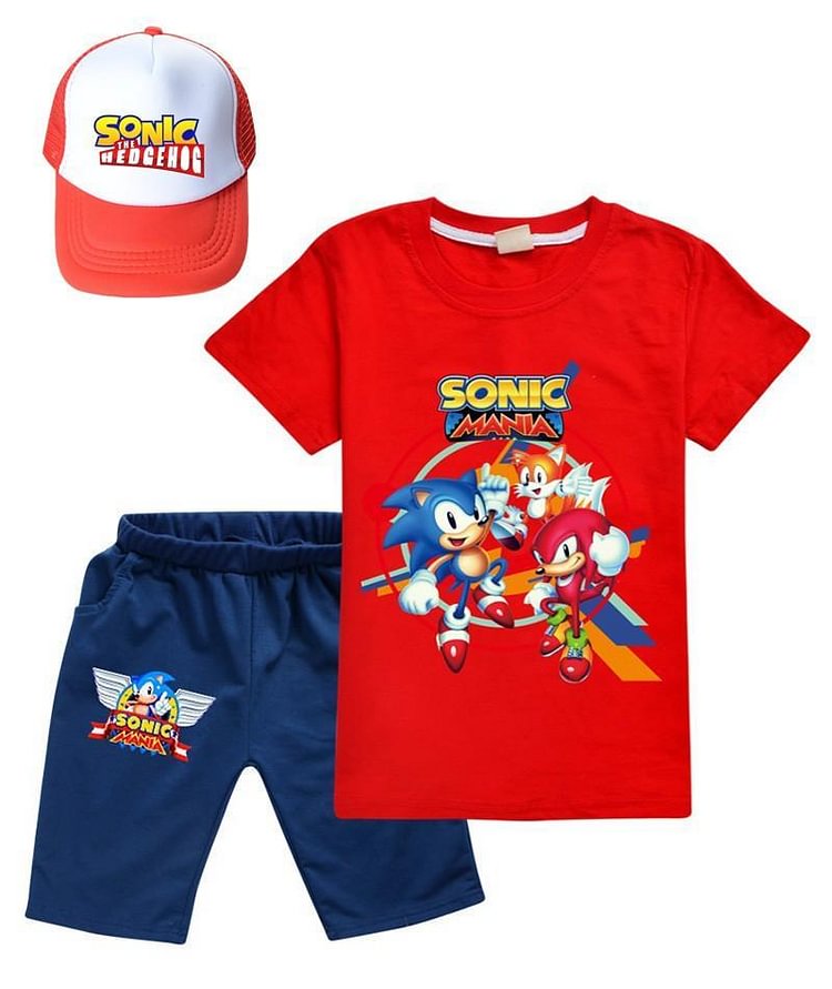 Girls Boys Sonic The Hedgehog Cotton T Shirt Shorts Outfits With Hat-Mayoulove