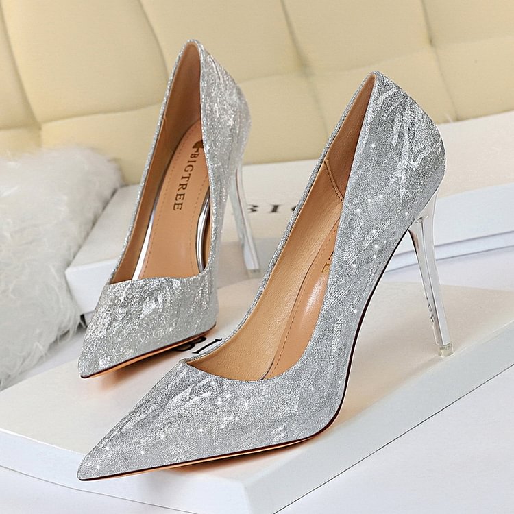 Women's Thin High Heels Shallow Mouth Pointed Sequins Sexy Thin Wedding Shoes High Heels