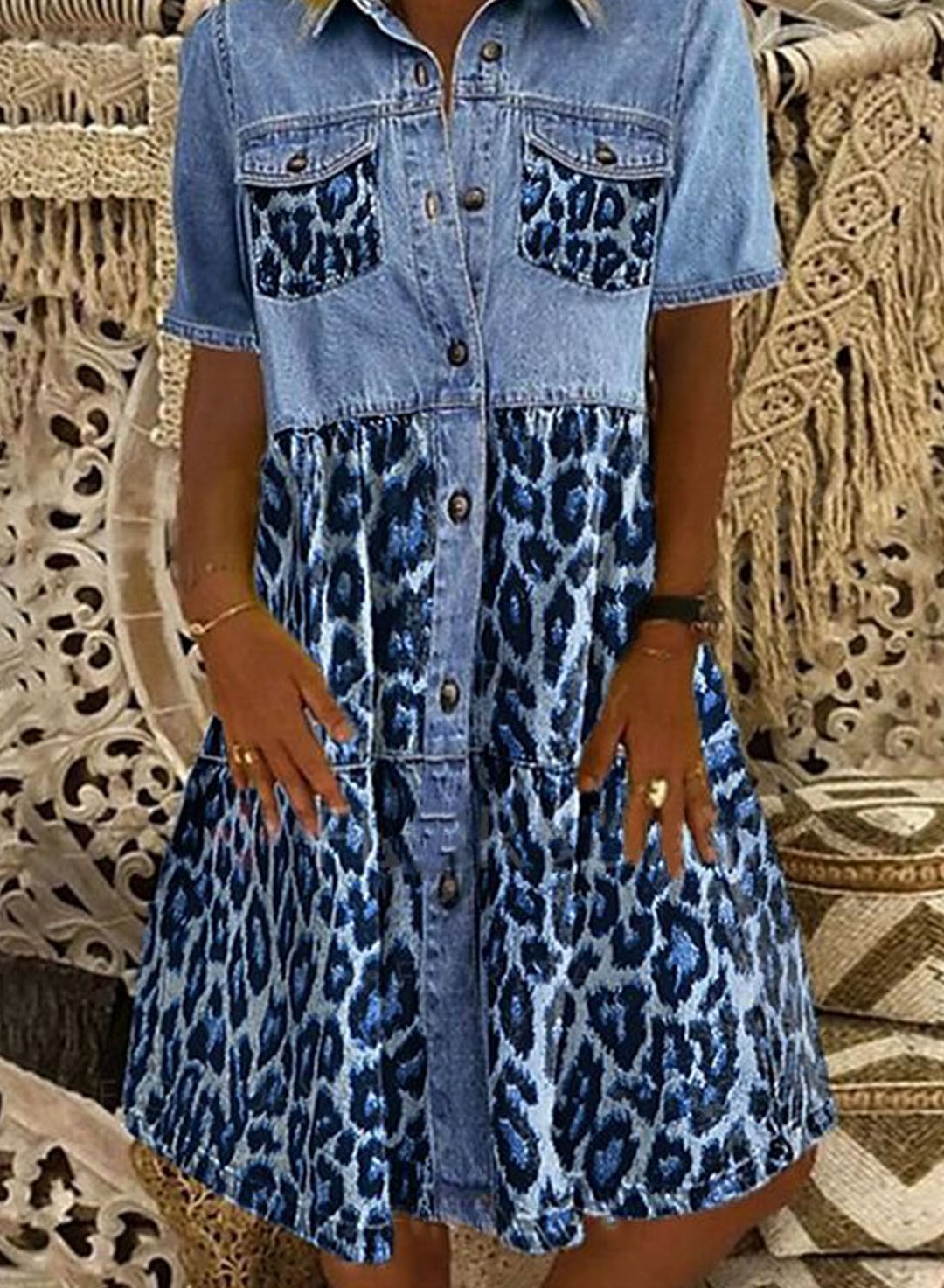 Blue Women's Mini Dress Leopard Pocket Button Fit & Flare Short Sleeve Turn Down Collar Casual Beach Mini Dress LC225709-5