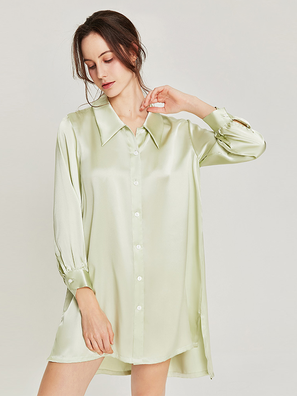 Light Green Shirt Style Silk Nightgown