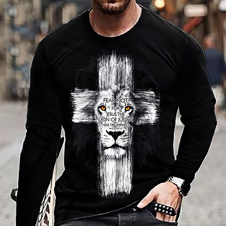 BrosWear Street Trend Faith Lion Print Long  Sleeve T-Shirt