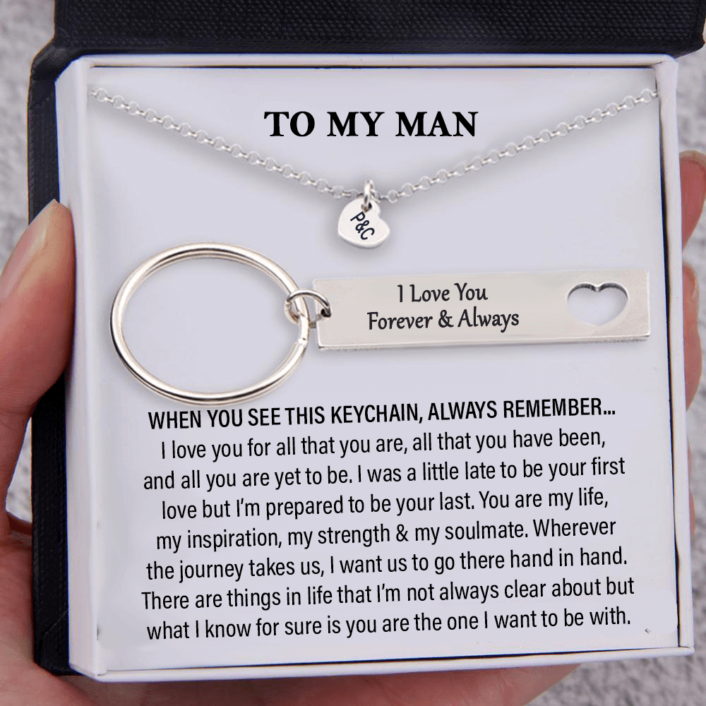 Gift Keychain and Heart Necklace Gift Box Set for Him Husband Wife Gift-To My Man Couples Jewelry-Personalized Initials