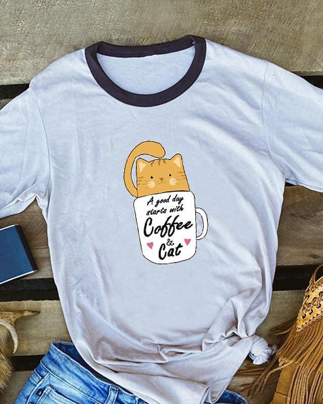 Women's T-shirt Cat Print Round Neck Tops 100% Cotton Basic Basic Top White Yellow Wine-Corachic