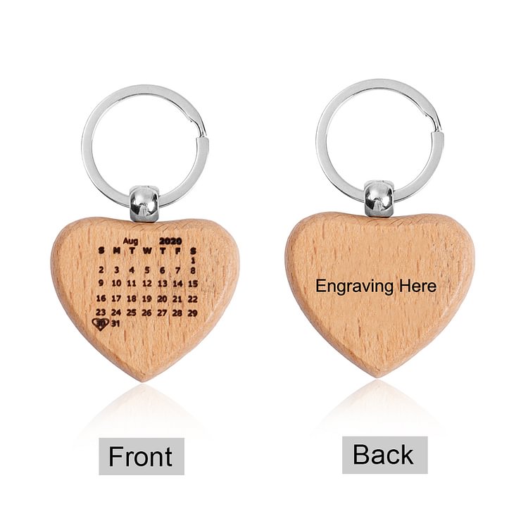Personalized Wooden Keychain Engraved Calendar Date And Text Keychain-Heart Shaped