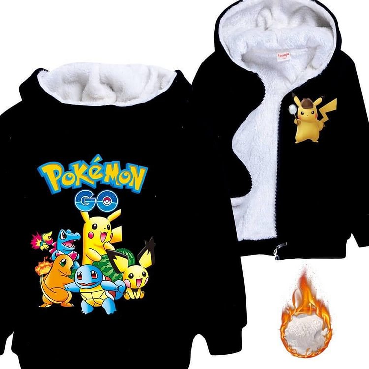 Mayoulove Girls Boys Pokemon Go Pikachu Print Zip Up Fleece Lined Cotton Hoodie-Mayoulove