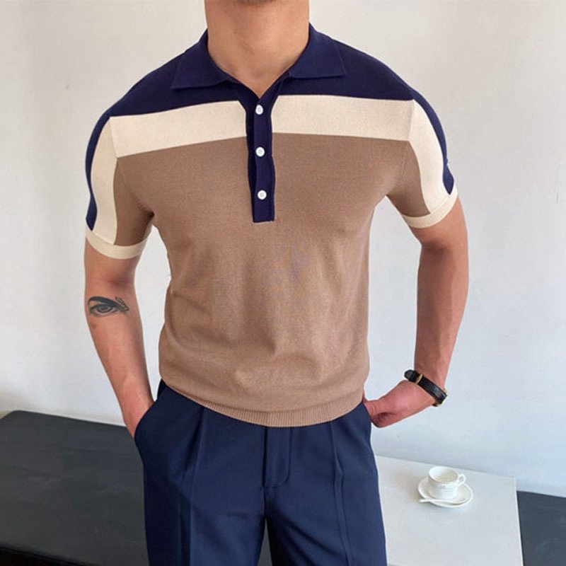 Classic Button Stripe Print Short-Sleeved Mens Knit Polo Shirts Casual-VESSFUL