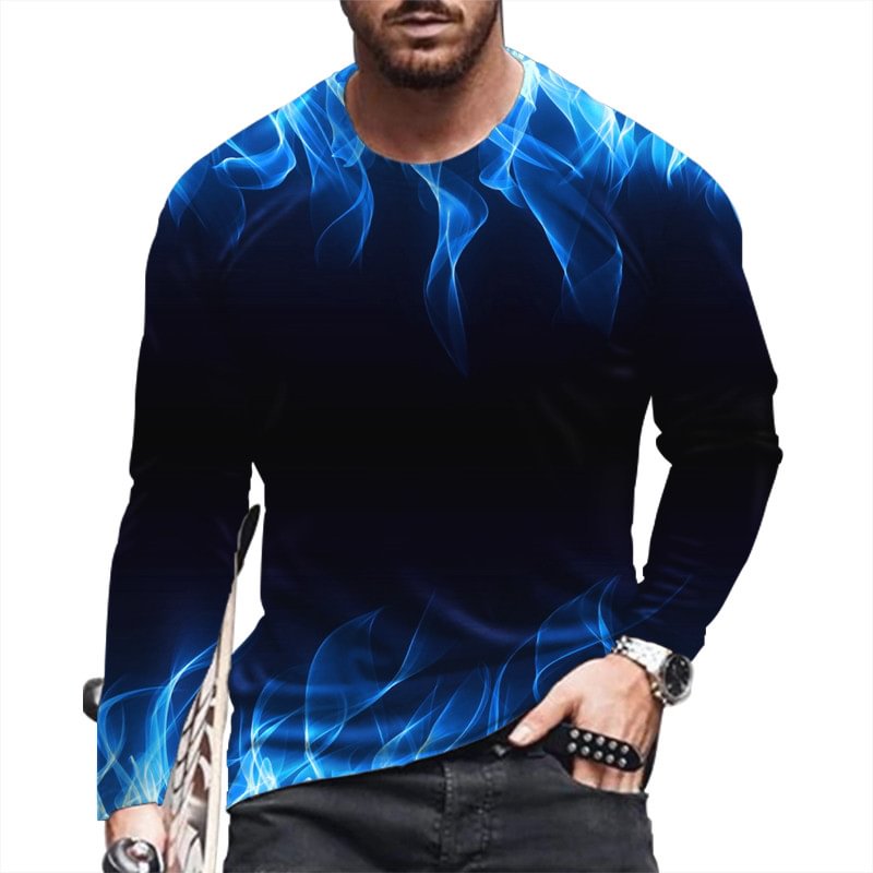 3D Flame Printed Men's Crew Neck Casual Long Sleeve T-Shirts-VESSFUL