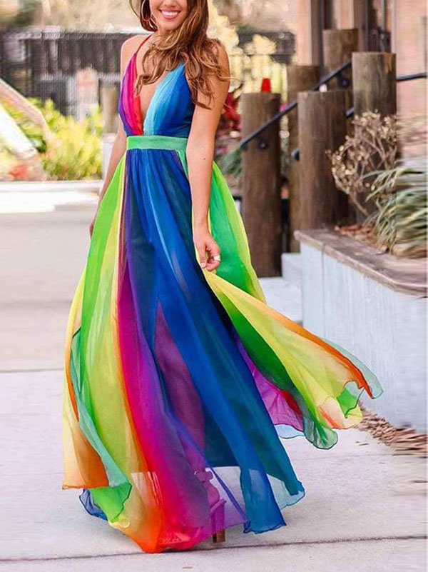 Women's club deep v rainbow mesh sling dress