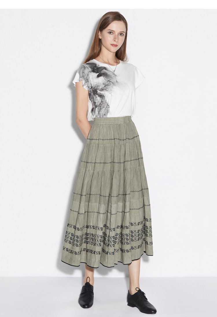 SDEER Retro leisure elastic three-dimensional embroidered cotton and linen long skirt