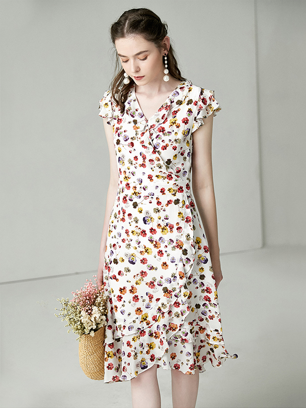 Silk Dress Mid-length Fresh Floral Slim Style