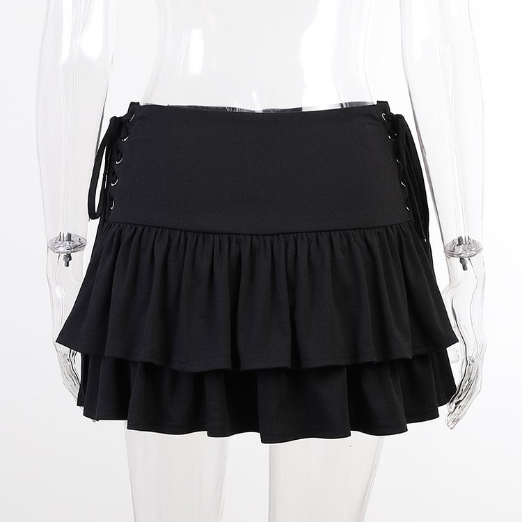 College Style Solid Color Lace Up Layered Skater Skirt