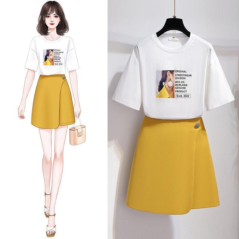 Fashion Print Tee+Button Skirt P11656
