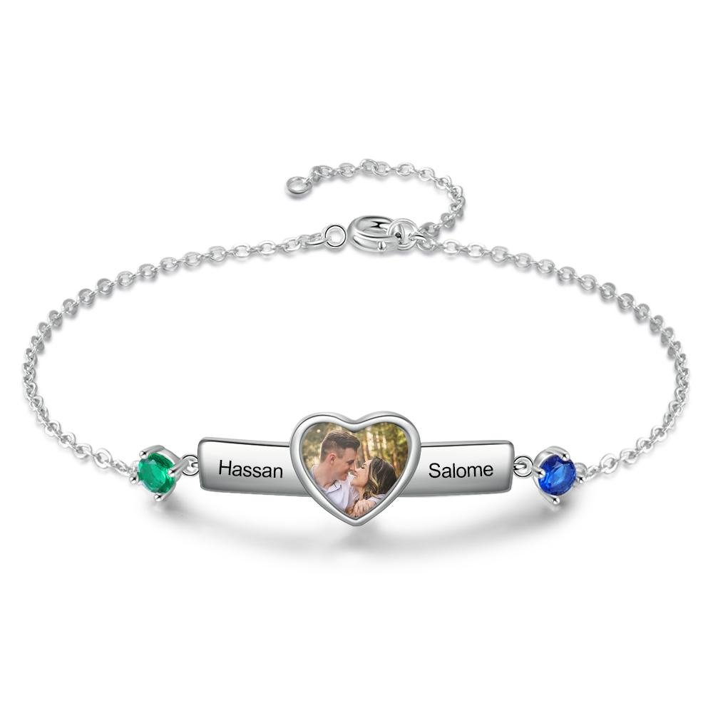 Personalized Heart Photo Bracelet With 2 Birthstones Engraved 2 Names