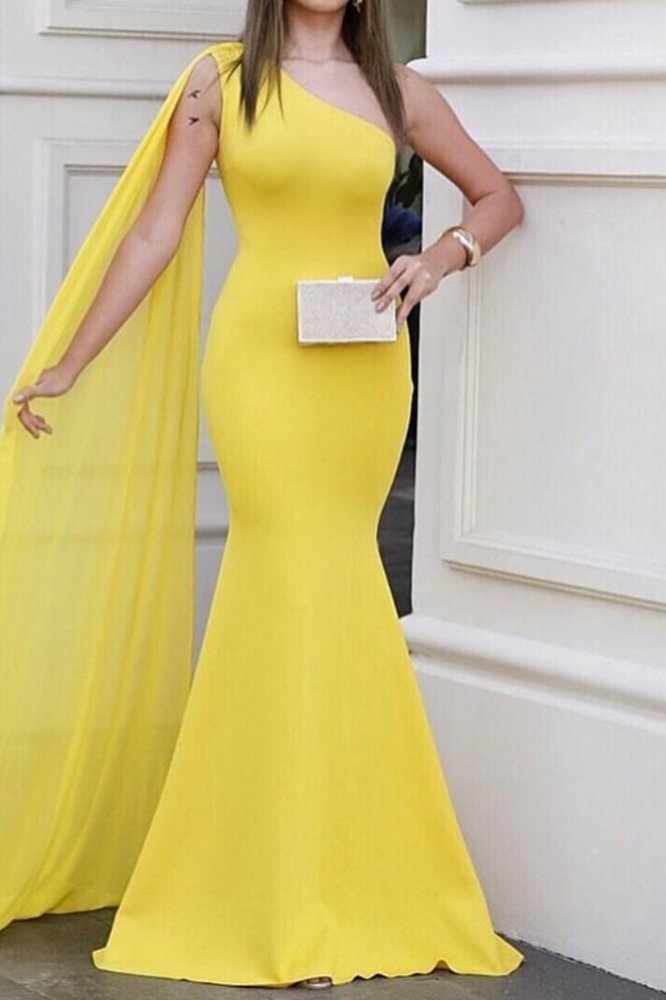yellow one shoulder mermaid prom dress with ruffles