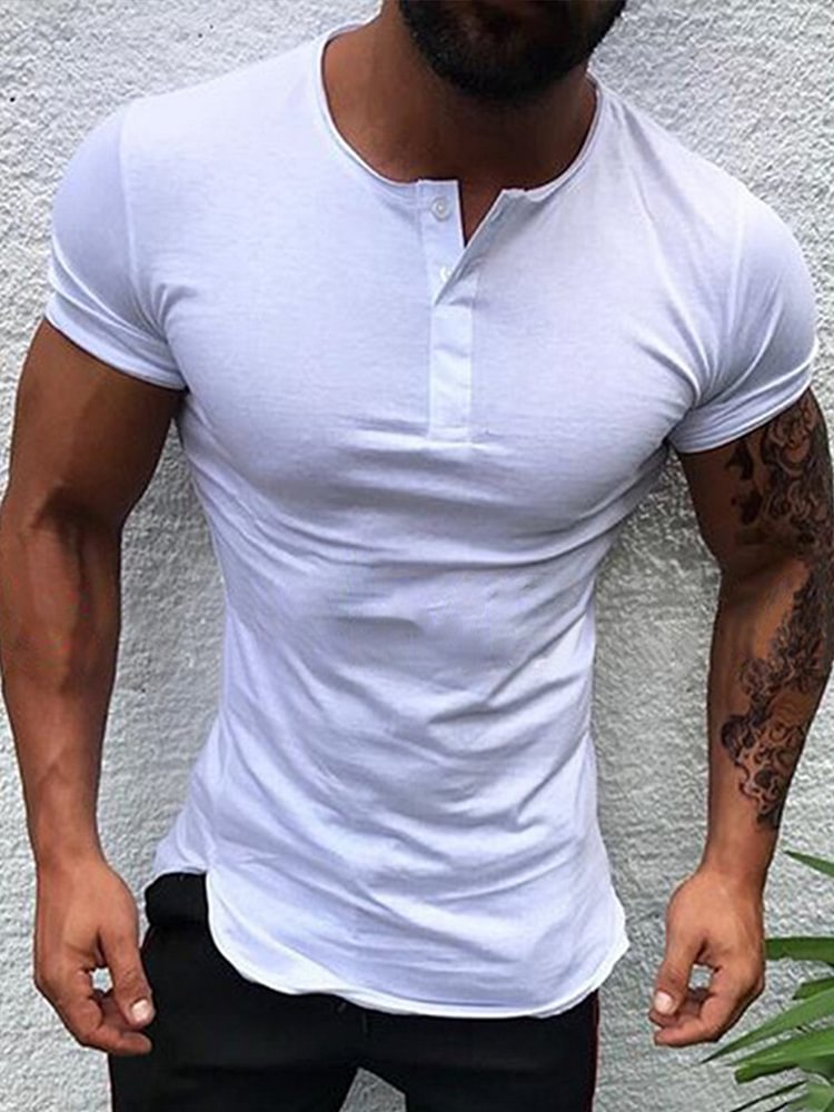 BrosWear Solid Color Henley Short Sleeve Fitted Button T-shirt
