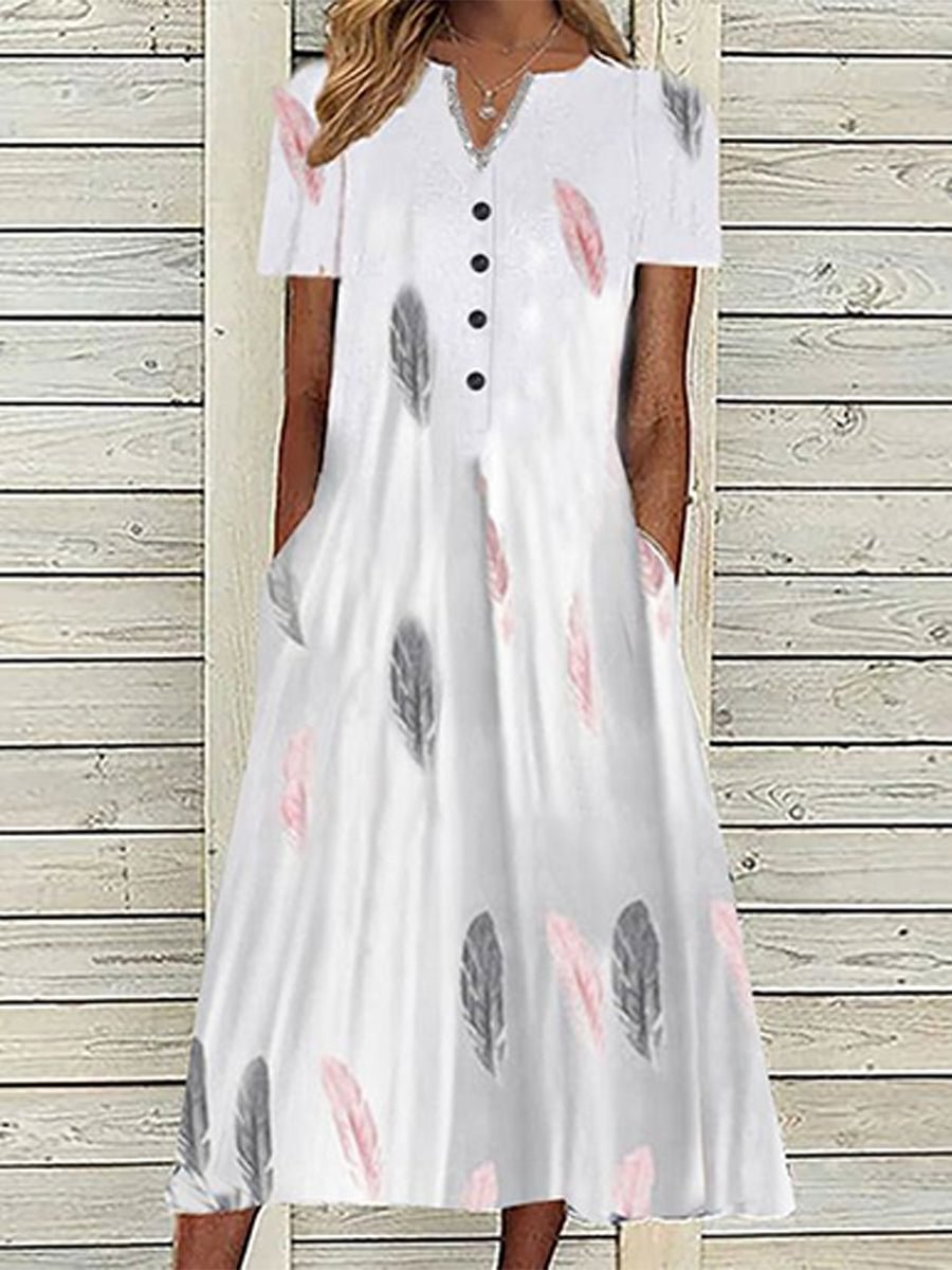 V Neck Leaf Printed Short Sleeve Women's Dress