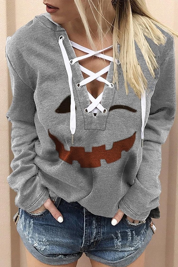 Women's Pullovers Smiley Print Lace-up Pullover-Mayoulove