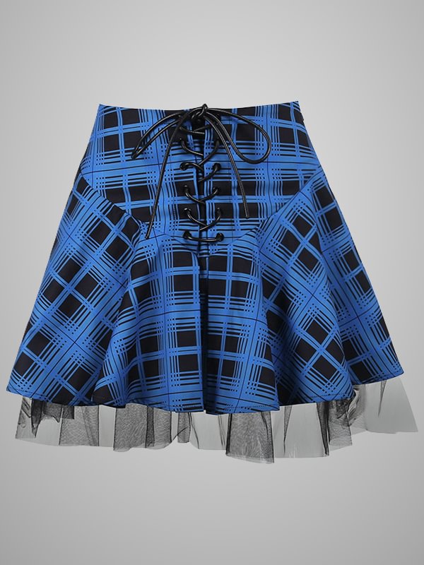 Gothic Dark College Style Plaid Lace Up Tiered Color Block Paneled High Rise Skater Skirt