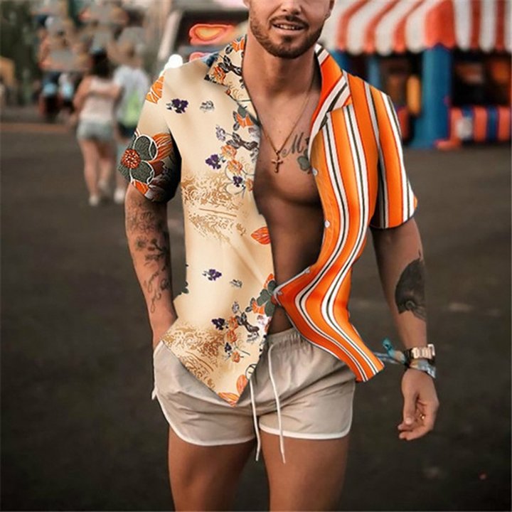 Men Vacation Printing Striped Patchwork Short Sleeves Lapel Blouses Shirt 
