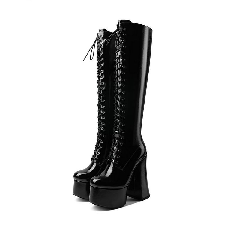 Street Fashion Lace Up Pointed Toe Platform Knee High Boots