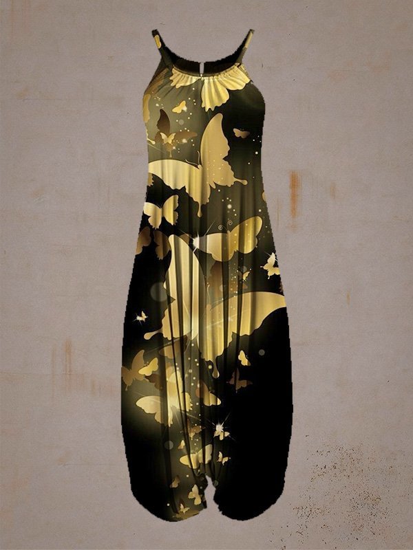 Golden Butterfly Printed Sleeveless Jumpsuit Harem Pants
