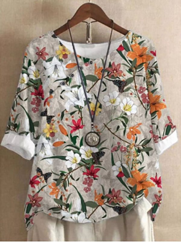 Crew Neck Floral Buttoned Tops