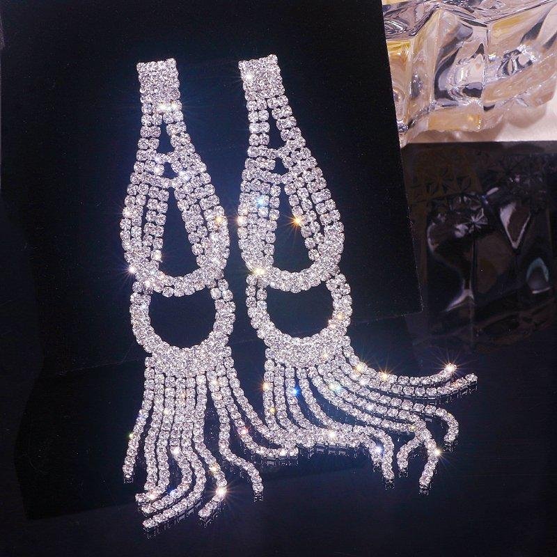 Luxury Bling Crystal Rhinestone Long Tassel Dangle Earrings-VESSFUL