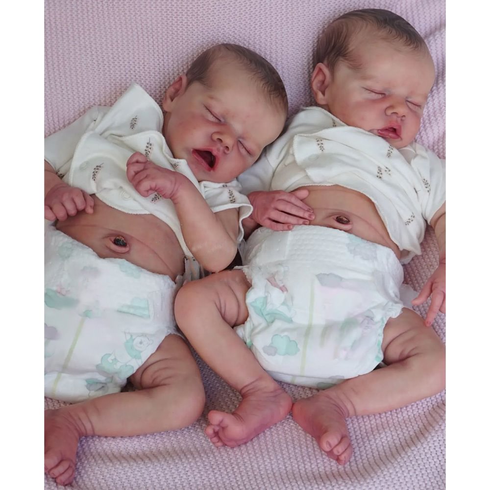 [New!]12'' Soft Silicone Body Reborn Eyes Closed Baby Twins Sisters Named Anday and Somay Reborn Hand-painted Hair Doll Girls