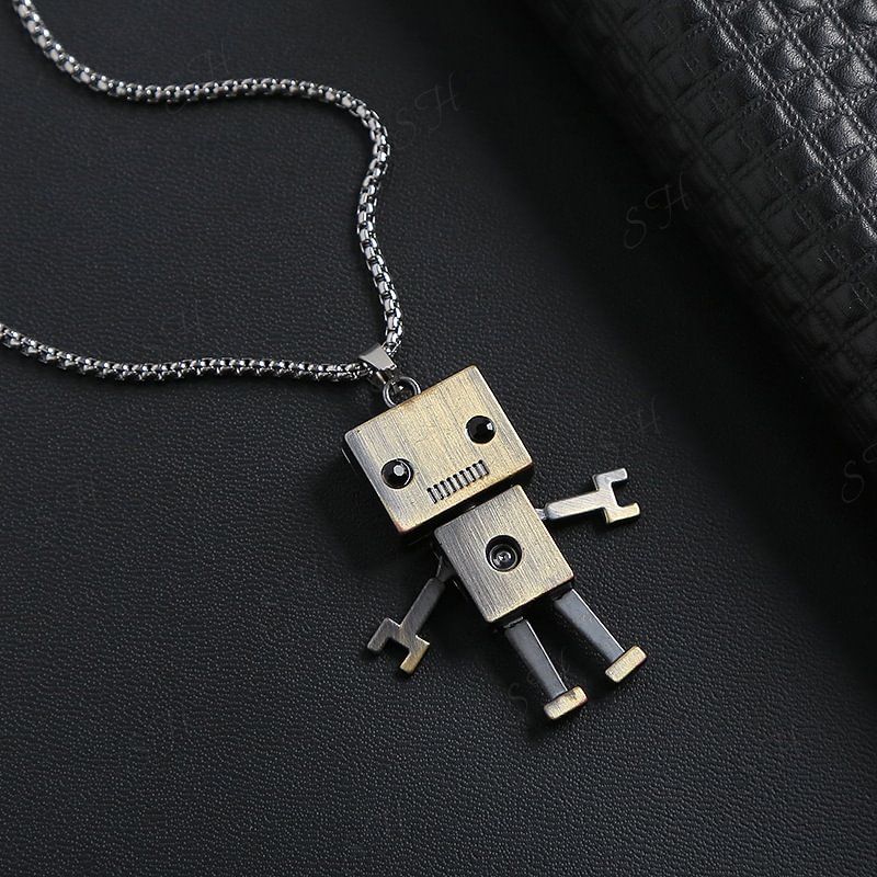 Hip-hop movable bronze square head robot titanium steel necklace personality male pendant