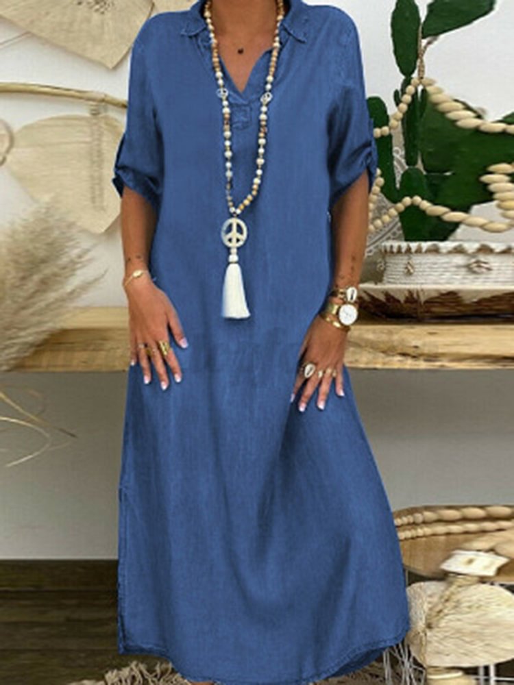 Women's Fashion Short Sleeve Pure Color Denim Maxi Dress