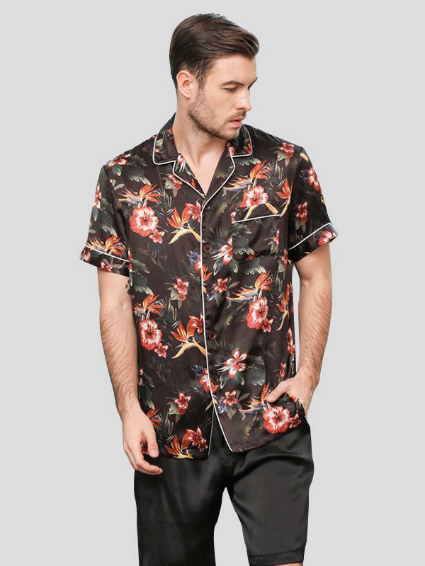 Black Flower Printed Men's Silk Pajamas Short Set