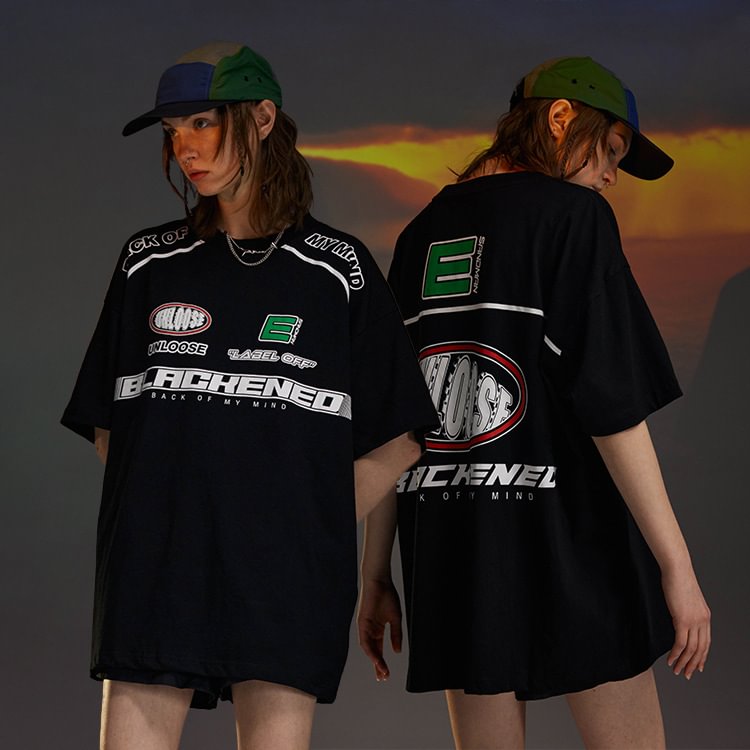 Racing Print Loose Crew Neck Short-sleeve T-shirt / Techwear Club / Techwear