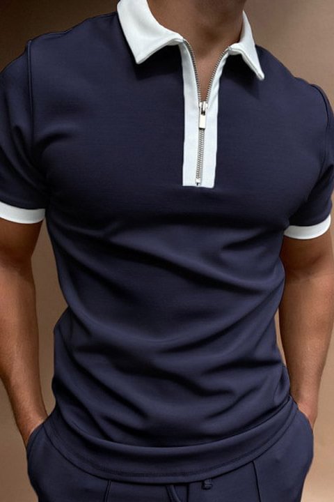 Tiboyz Men's Fashion Contrast Collar Zipper Short Sleeve Polo Shirt