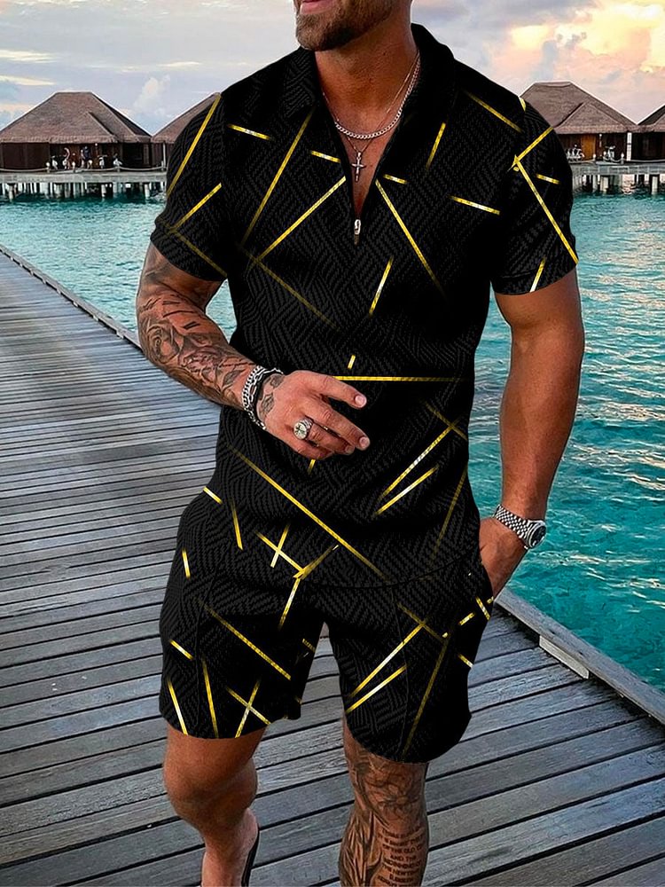 Men's Holiday Yellow Line Printed Polo Suit