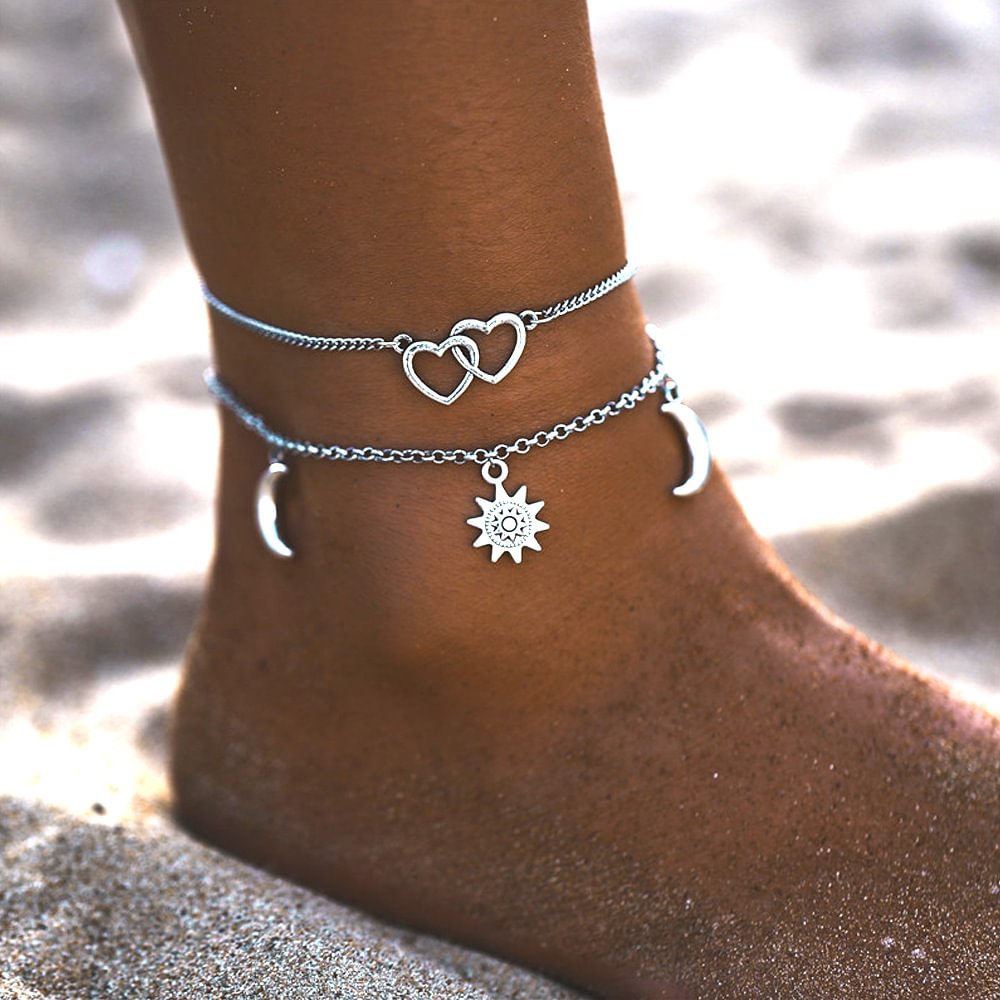 Set of 2 Anklets, Moon and Sun Anklet, Double Heart Women Adjustable Foot Chain