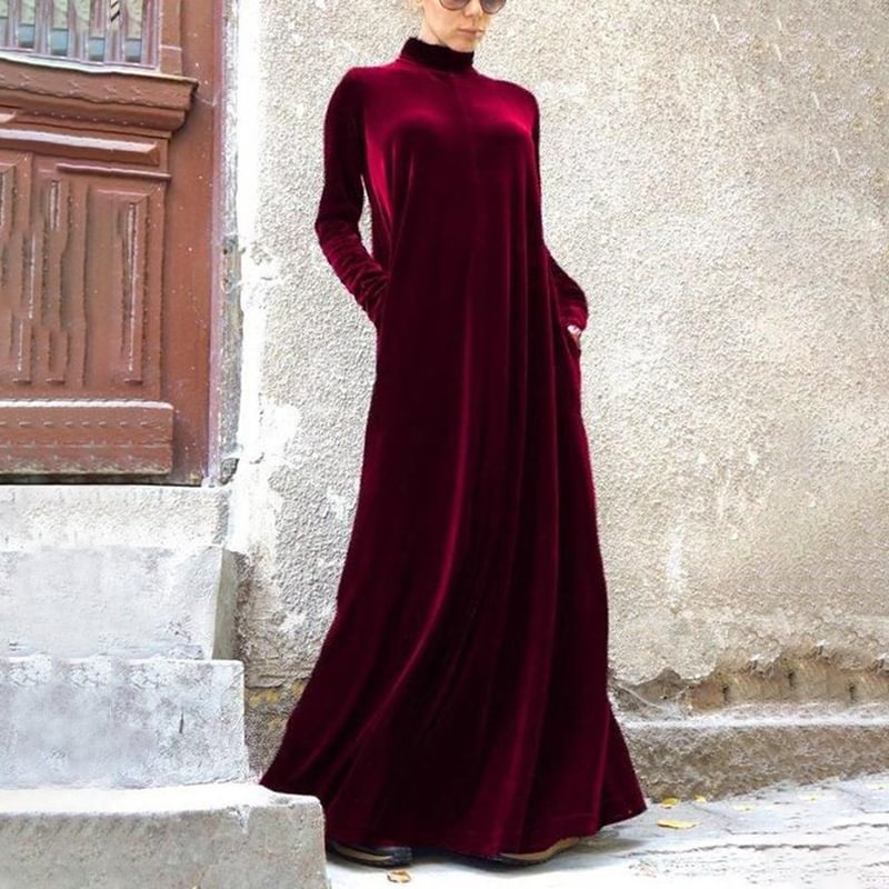 High Collar Solid Color Velvet Elegant Long Dress