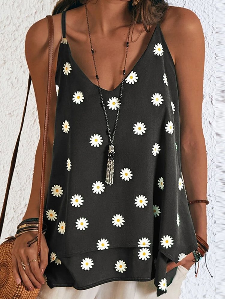 Printed Camisole Sleeveless V-neck Casual Top T-shirt-Mayoulove
