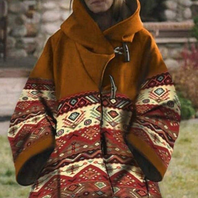 Wool Coat Printed Long Sleeve Hooded Coat-Corachic