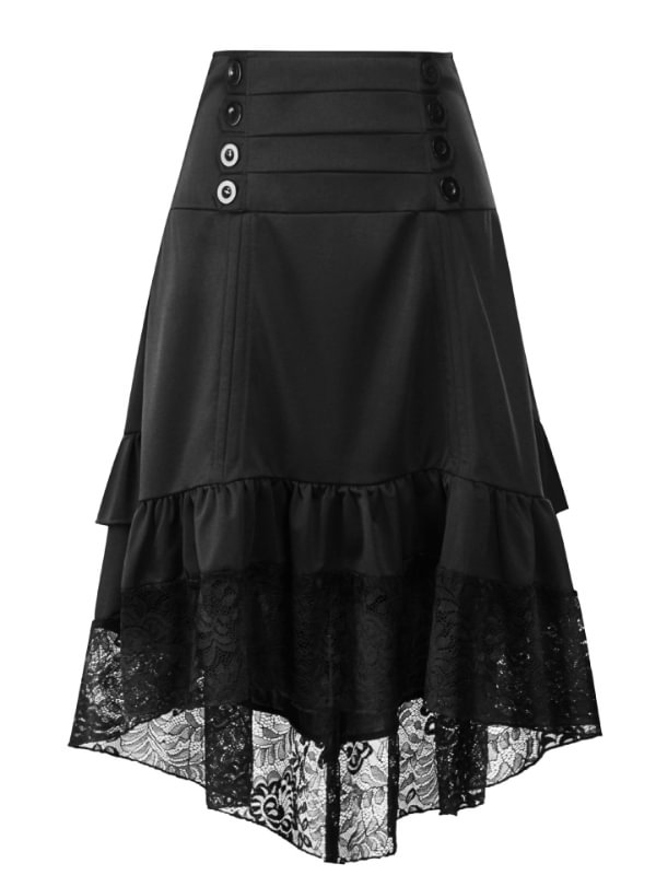 Asymmetrical Lace Paneled Buttoned Drawstring Skirt