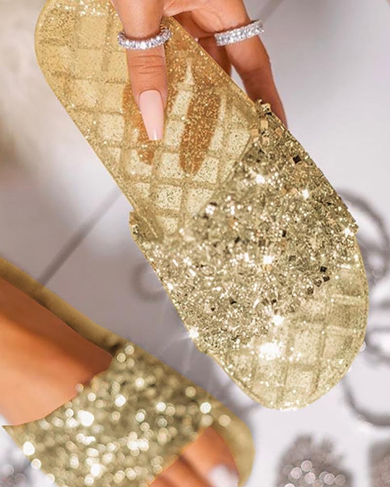 Women's Open Toe Glitter Studded Flat Sandals-Allyzone-Allyzone