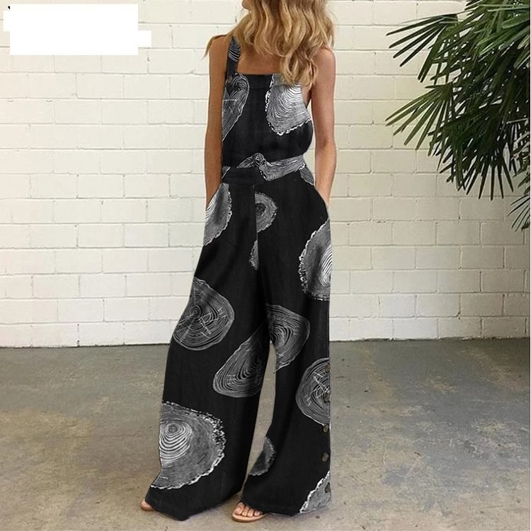 Women's Vintage Printed Loose Jumpsuits Strap Long Pant Romper Jumpsuit with Pockets