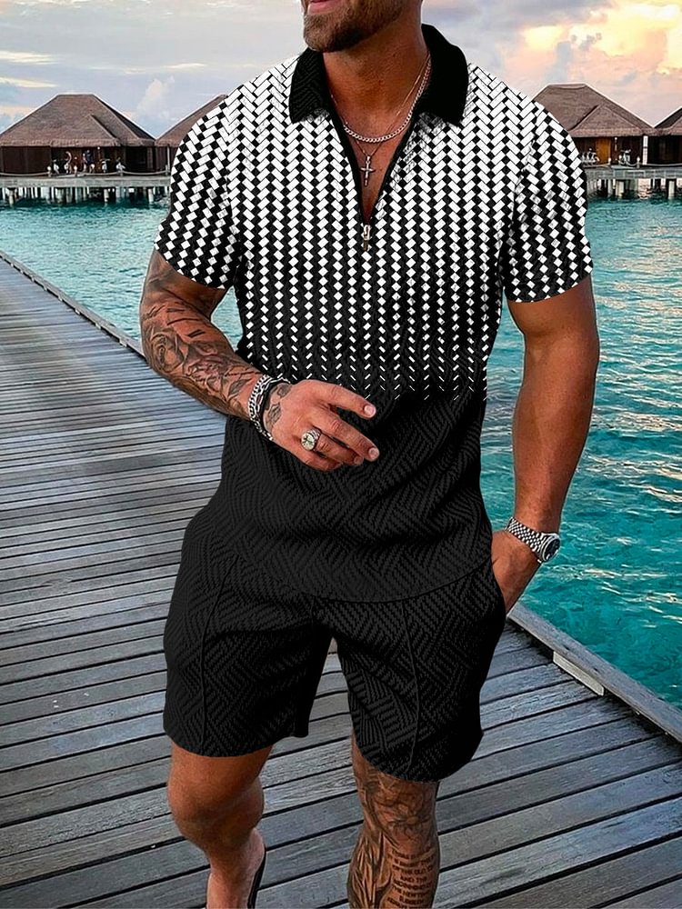 Fashion Vacation Gradient Printing Polo Suit