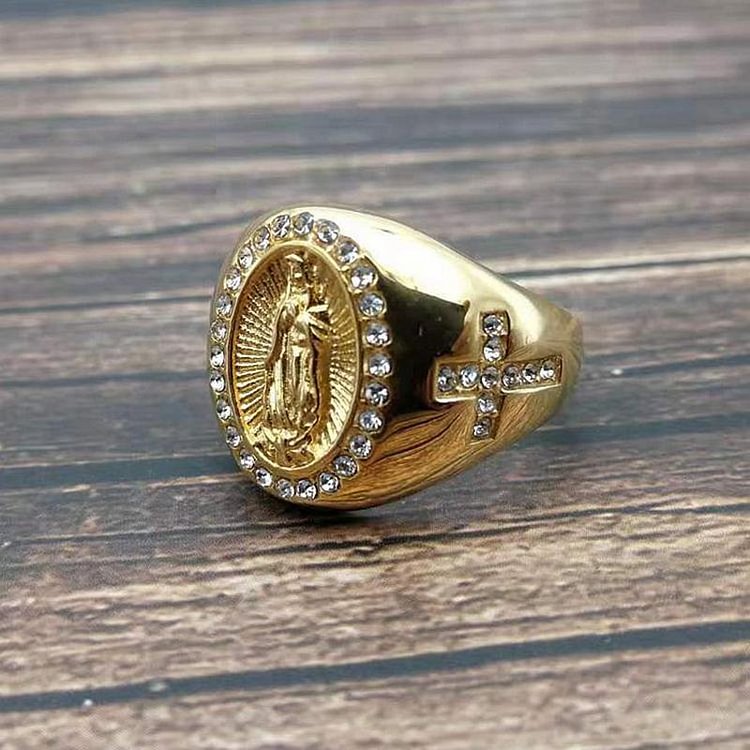 Iced Out Virgin Mary Gold Ring Men