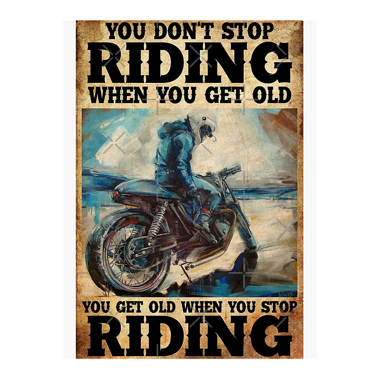 Old Man Riding Motorcycle - Vintage Tin Signs