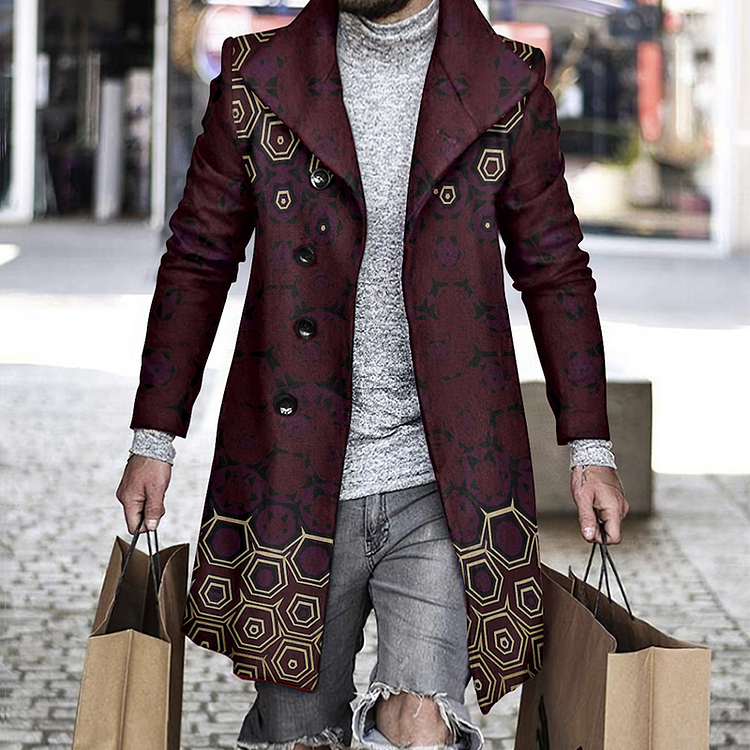 BrosWear Men's Retro Positioning Floral Mid Length Woolen Coat