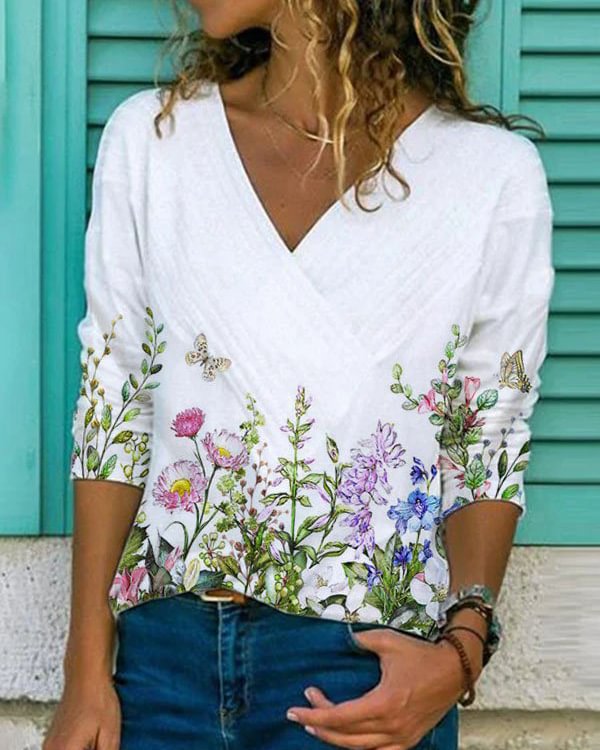 Casual Cotton-Blend Floral-Print Long Sleeve Shirts & Tops