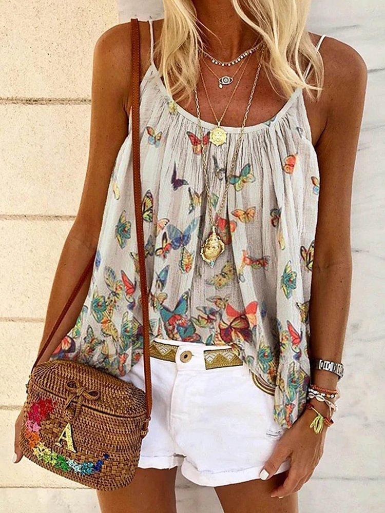 Butterfly Printed Camisole Top Loose Vest-Mayoulove